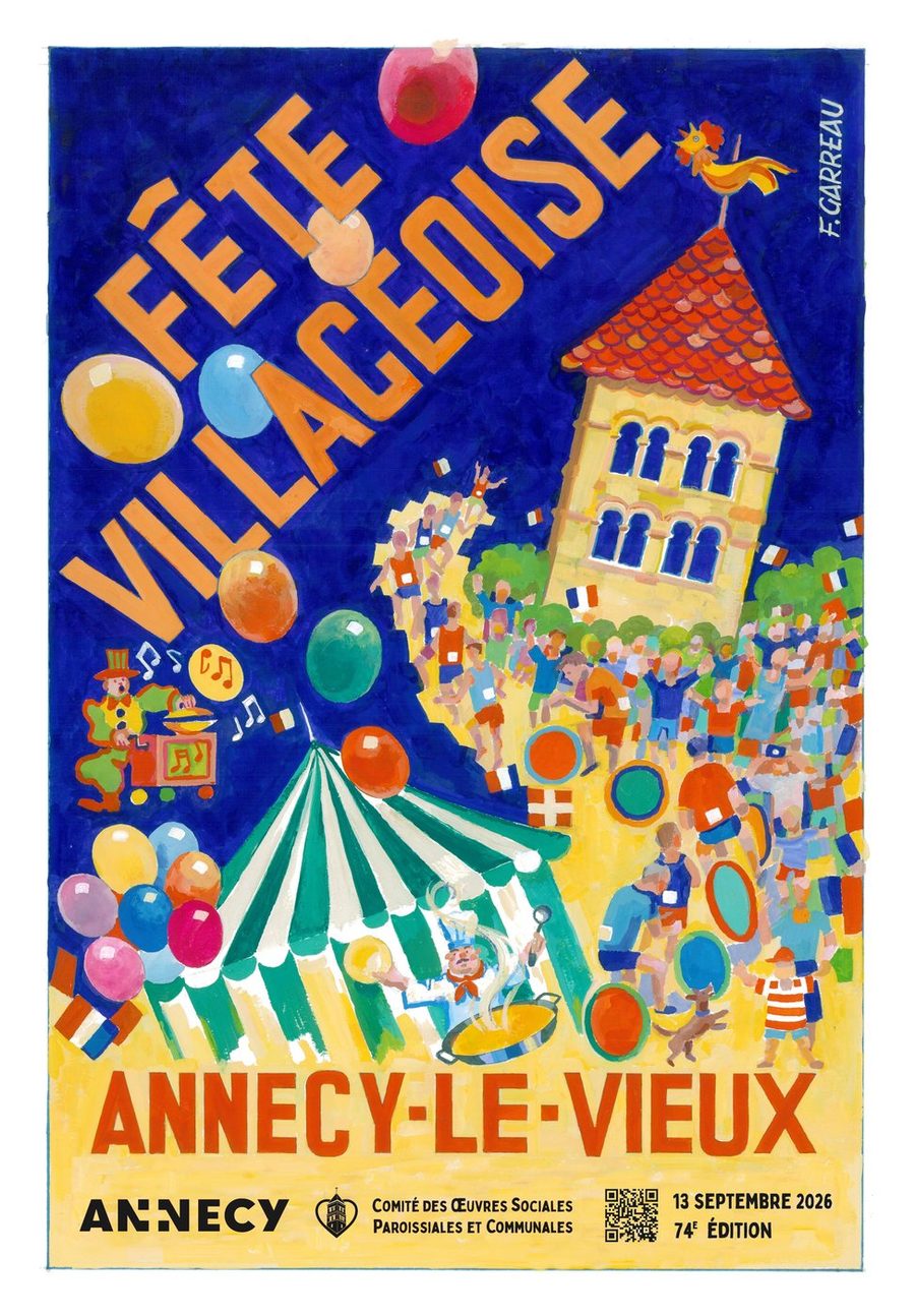 Affiche de la 74e F&ecirc;te Villageoise d'Annecy-le-Vieux, dimanche 13 septembre 2026, illustration de Fr&eacute;d&eacute;ric Garreau